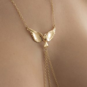 COS74 Women's Dove Neck Chain with Pendant and Non-Piercing Nipple Rings in Gold
